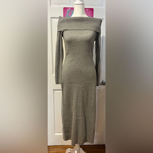 Abercrombie & Fitch Off the Shoulder Midi Sweater Dress Size Large Petite Gray - Picture 4 of 5
